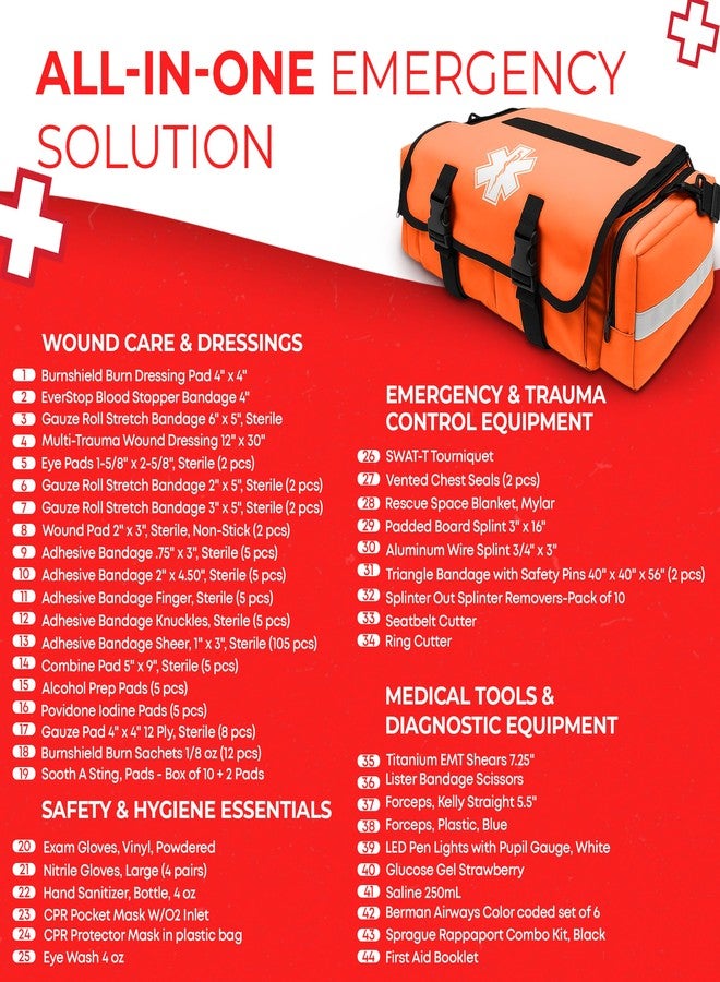 Ever Ready First Aid Fully Stocked EMT Trauma Bag – Tactical First Responder Medical Kit with Tourniquet, Chest Seals, Bleeding Control, Gauze, Shears & Bandages – Orange - Image 4